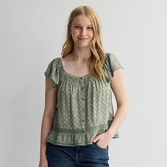 Juniors' Plus Size Pink Republic Woven Button Front Top