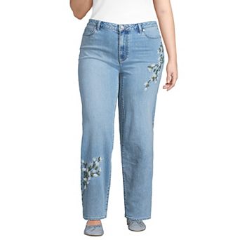 Plus Size Lands' End Soft Denim Mid Rise Relaxed Straight Leg Embroidered Jeans