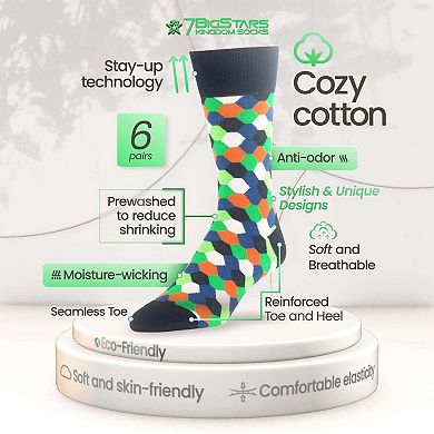 Mens Dress Socks Cotton 6 Pack Patterned Crew Lightweight Business Work Breathable Seamless Socks