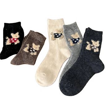 Women's Soft Knit Crew Socks 5 Pair Set with Textured Puppy Design and Ribbed Comfort Fit
