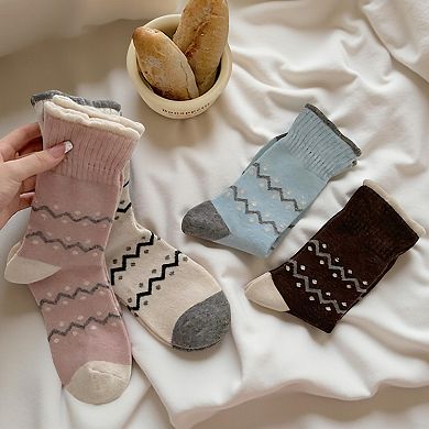 Ribbed Knit Crew Socks 3 Pair Set with Zigzag Pattern Detail Soft Stretch Fabric Giftable Socks