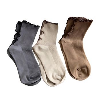 Women's Ribbed Crew Socks 3 Pair Soft Stretch Knit Lettuce Edge Cuff Classic Everyday Style