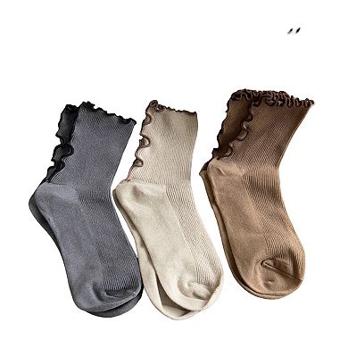 Women's Ribbed Crew Socks 3 Pair Soft Stretch Knit Lettuce Edge Cuff Classic Everyday Style