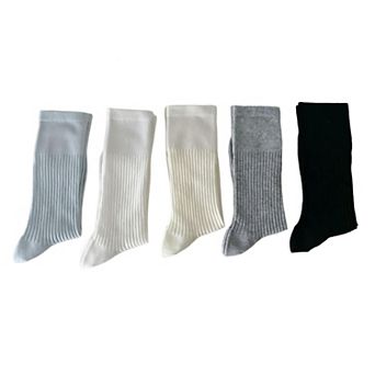 Women's Ribbed Knit Crew Socks 5 Pair Set Soft Stretch Mid Calf Everyday Comfort Socks