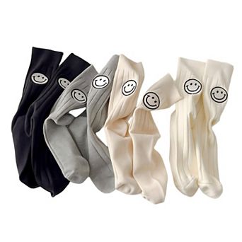 Women's 4-Pair Crew Sock Set Smiley Face Print Soft Stretch Knit Comfortable Everyday Socks