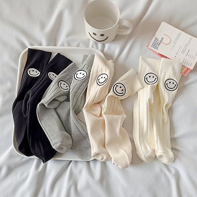 Women's 4-Pair Crew Sock Set Smiley Face Print Soft Stretch Knit Comfortable Everyday Socks
