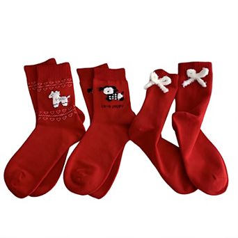 Women's Soft Knit Crew Socks 3 Pair Set with Puppy Motifs, Bow Accents and Ribbed Comfort Cuff