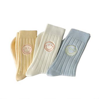 Women's Ribbed Knit Crew Socks 3 Pair Set with Smiley Face Embroidery and Soft Stretch Comfort