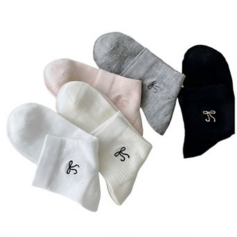 Women's Ribbed Crew Socks 5 Pair Soft Stretch Knit with Embroidered Bow Detail