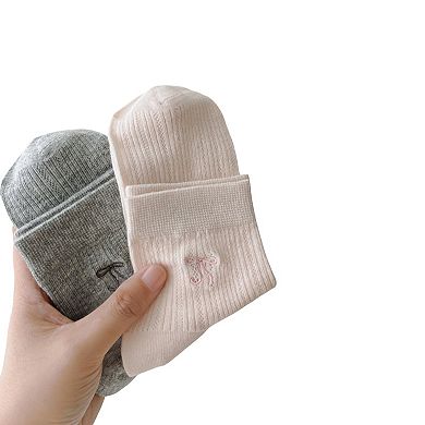 Women's Ribbed Crew Socks 5 Pair Soft Stretch Knit with Embroidered Bow Detail
