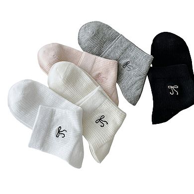 Women's Ribbed Crew Socks 5 Pair Soft Stretch Knit with Embroidered Bow Detail