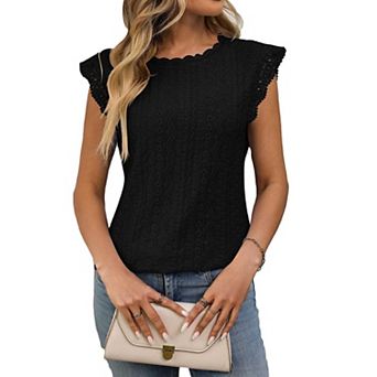 Women's Black Lace Sleeveless Blouse, Scalloped Round Neck Eyelet T-Shirt for Casual Daily Wear