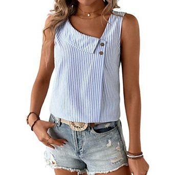 Women's Sleeveless Striped Tank Top,Asymmetrical Collar Button Detail Casual T-Shirt for Daily Wear