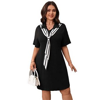 Plus Size Women's Polo Collar Dress, Short Sleeve Tie-Accent Casual Fit-and-Flare Dress
