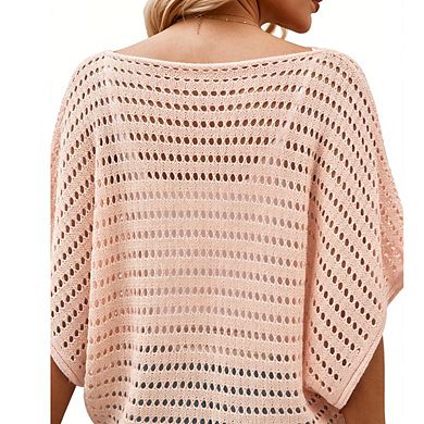 Women's Round Neck Crochet Top Batwing Sleeve Openwork Relaxed Fit Blouse