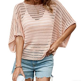 Women's Round Neck Crochet Top Batwing Sleeve Openwork Relaxed Fit Blouse