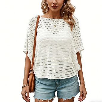 Women's Round Neck Crochet Top Batwing Sleeve Openwork Relaxed Fit Blouse