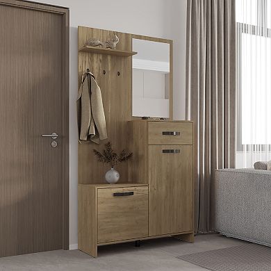 Olpe Hall Tree, 2 Doors, 1 Drawer, 1 Shelf, 1 Mirror, Natural Oak