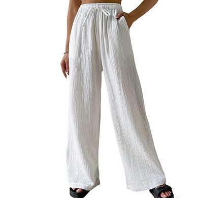 Womens Elastic Waist Drawstring Textured Wide Leg Pants with Side Pockets