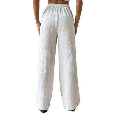 Womens Elastic Waist Drawstring Textured Wide Leg Pants with Side Pockets