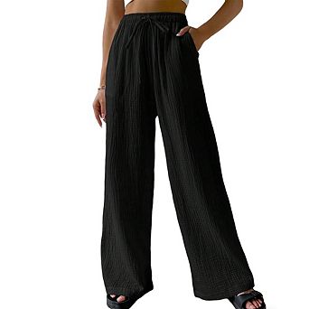 Womens Elastic Waist Drawstring Textured Wide Leg Pants with Side Pockets