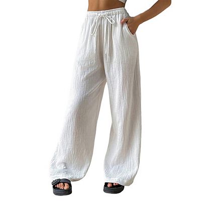 Womens Elastic Waist Drawstring Textured Wide Leg Pants with Side