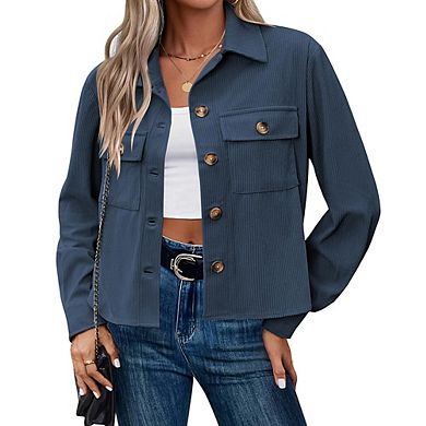 Womens Long Sleeve Collared Button Front Jacket Ribbed Fabric Chest Pockets Designed Casual Wear