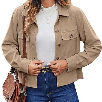 Womens Long Sleeve Collared Button Front Jacket Ribbed Fabric Chest Pockets Designed Casual Wear