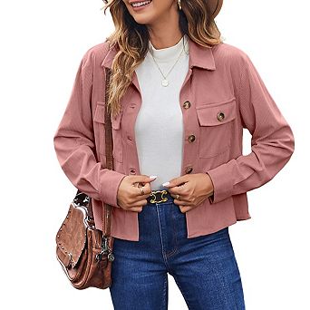 Womens Long Sleeve Collared Button Front Jacket Ribbed Fabric Chest Pockets Designed Casual Wear