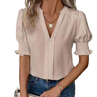 Puff 3/4Sleeve Shirts for Women V Neck Dressy Casual Work Office Blouse Summer Tops