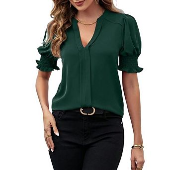 Puff 3/4Sleeve Shirts for Women V Neck Dressy Casual Work Office Blouse Summer Tops