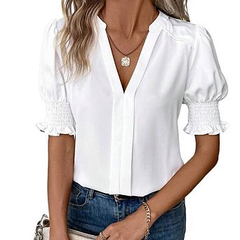 Puff 3/4Sleeve Shirts for Women V Neck Dressy Casual Work Office Blouse Summer Tops