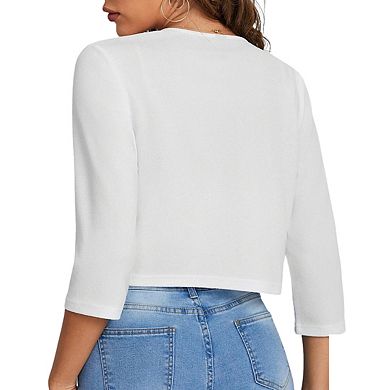 Womens Cropped Blazer Cardigan V Neck Three Quarter Sleeves Open Front Jackets