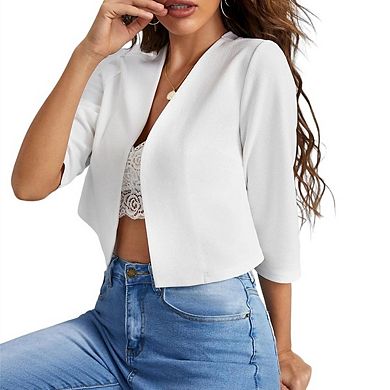 Womens Cropped Blazer Cardigan V Neck Three Quarter Sleeves Open Front Jackets