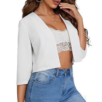 Womens Cropped Blazer Cardigan V Neck Three Quarter Sleeves Open Front Jackets