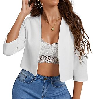 Womens Cropped Blazer Cardigan V Neck Three Quarter Sleeves Open Front Jackets