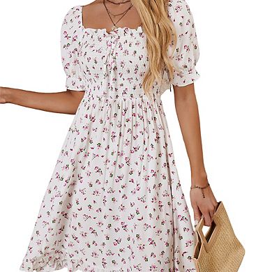 Women's Square Neck Short Puff Sleeves Smocked Floral Pattern Ruffled Hem Midi Dress