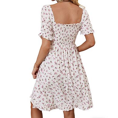 Women's Square Neck Short Puff Sleeves Smocked Floral Pattern Ruffled Hem Midi Dress