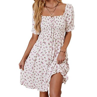 Women's Square Neck Short Puff Sleeves Smocked Floral Pattern Ruffled Hem Midi Dress