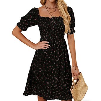 Women's Square Neck Short Puff Sleeves Smocked Floral Pattern Ruffled Hem Midi Dress