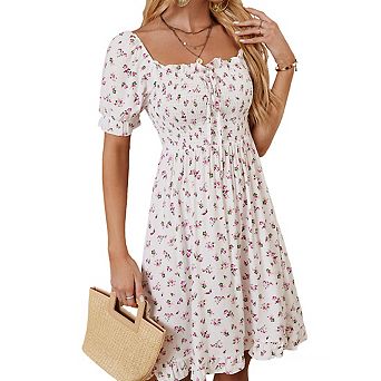 Women's Square Neck Short Puff Sleeves Smocked Floral Pattern Ruffled Hem Midi Dress