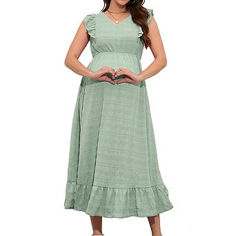 Womens Maternity Midi Dress V Neck Ruffled Sleeveless Straps Flowy Baby Shower Dress