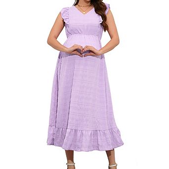Womens Maternity Midi Dress V Neck Ruffled Sleeveless Straps Flowy Baby Shower Dress