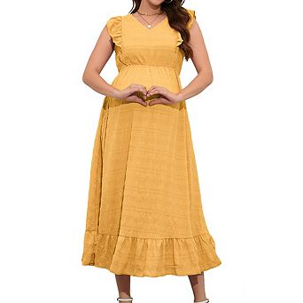 Womens Maternity Midi Dress V Neck Ruffled Sleeveless Straps Flowy Baby Shower Dress