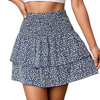 Womens Elastic Waist Tiered Mini Skirt Floral Pattern Designed Relaxed Casual Skirts