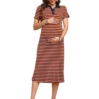 Women's Maternity Midi Dress Polo Neck Short Sleeves Ribbed Striped Baby Shower Dress