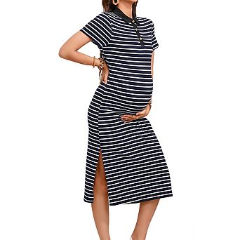 Women's Maternity Midi Dress Polo Neck Short Sleeves Ribbed Striped Baby Shower Dress