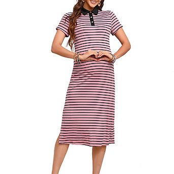 Women's Maternity Midi Dress Polo Neck Short Sleeves Ribbed Striped Baby Shower Dress