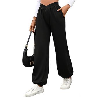 Womens Elastic V-Waist Loose Fit Cuffed Ankles Daily Wear Casual Pants with Side Pockets