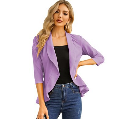 Womens Blazer Cardigan Lapel Three Quarter Sleeves Peplum Hem Single Button Jackets